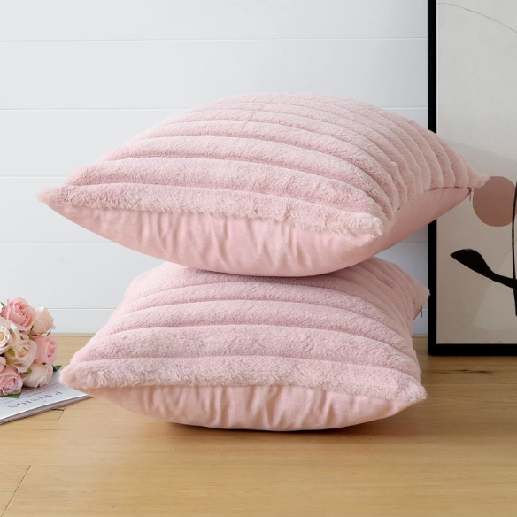 Soft blush pink striped throw pillow cover with faux wool front and velvet back, 16x16 size.