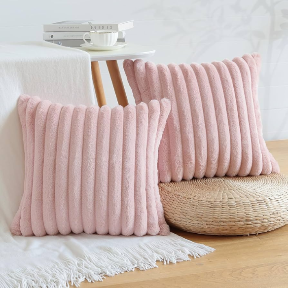 Soft blush pink striped throw pillow cover with faux wool front and velvet back, 16x16 size.