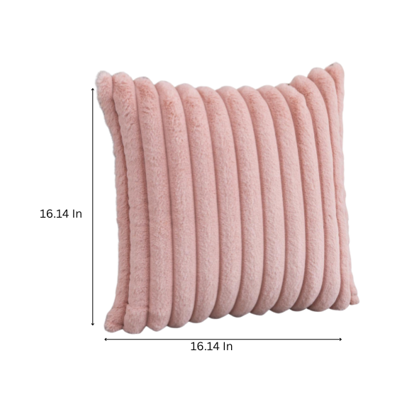 Soft blush pink striped throw pillow cover with faux wool front and velvet back, 16x16 size.