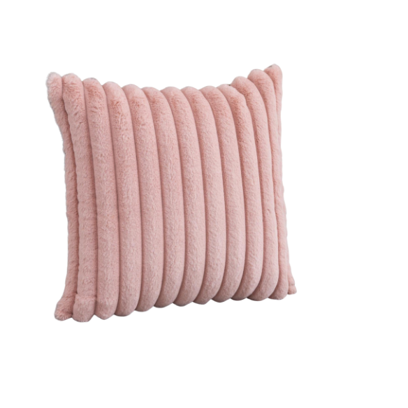Soft blush pink striped throw pillow cover with faux wool front and velvet back, 16x16 size.