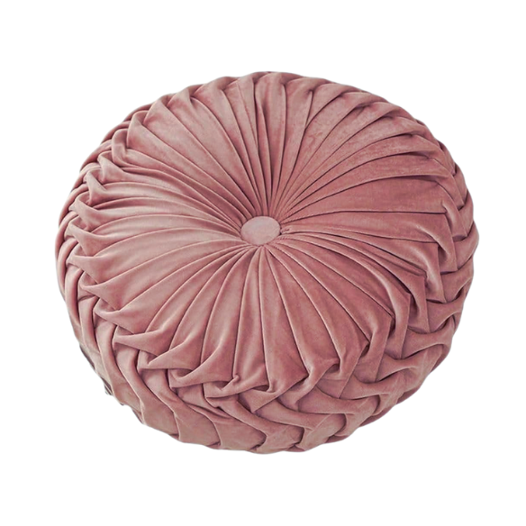 Blush velvet round throw pillow with ribbed edges and button detail, soft cotton fill for home décor
