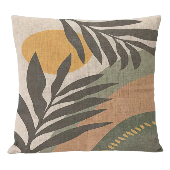 Boho linen throw pillow covers with abstract leaf design in neutral multi-colored shades