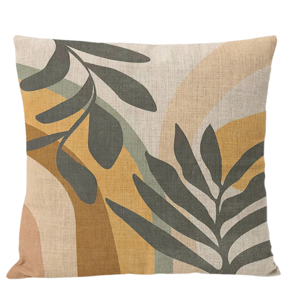 Boho linen throw pillow covers with abstract leaf design in neutral multi-colored shades