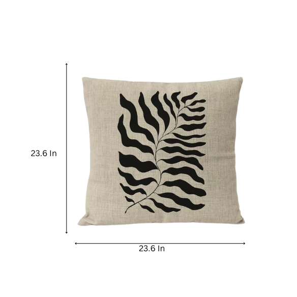 Boho linen throw pillow covers in black, light coffee, and cream with modern abstract design and leaf geometric print