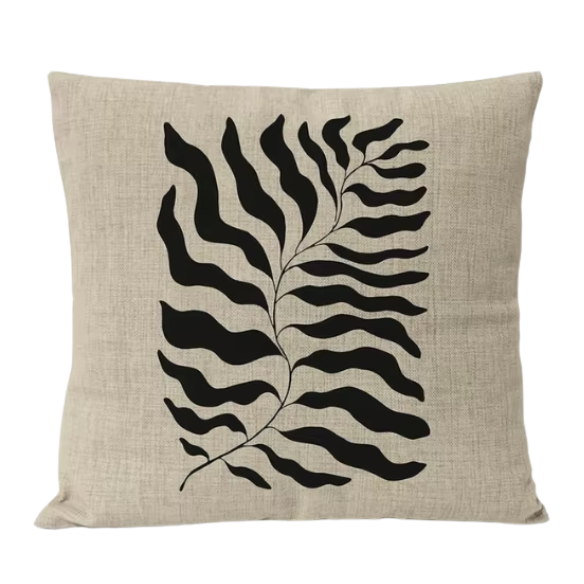 Boho linen throw pillow covers in black, light coffee, and cream with modern abstract design and leaf geometric print