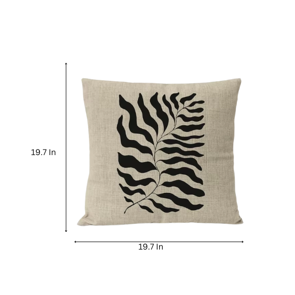 Boho linen throw pillow covers in black, light coffee, and cream with modern abstract design and leaf geometric print
