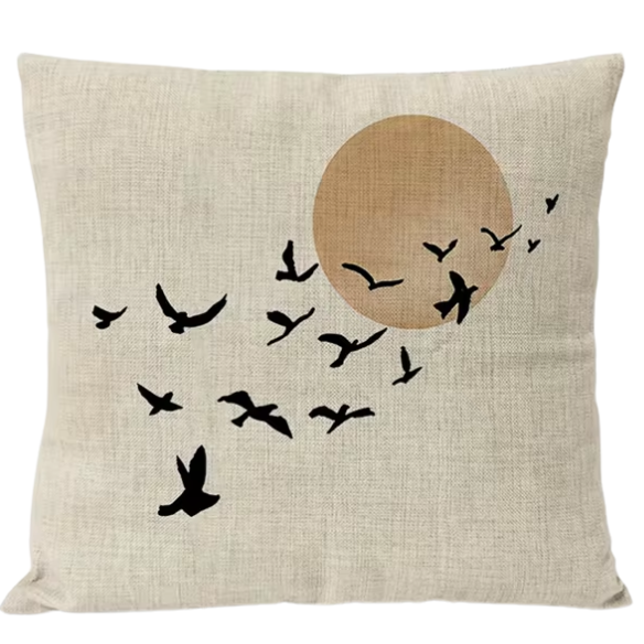 Boho Linen Throw Pillow Covers with Modern Abstract Design in Neutral Multi-Colored Shades and Black Bird Accent – Decorative Square Pillow Covers for Home, Office, and Bedroom.