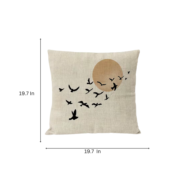 Boho Linen Throw Pillow Covers with Modern Abstract Design in Neutral Multi-Colored Shades and Black Bird Accent – Decorative Square Pillow Covers for Home, Office, and Bedroom.