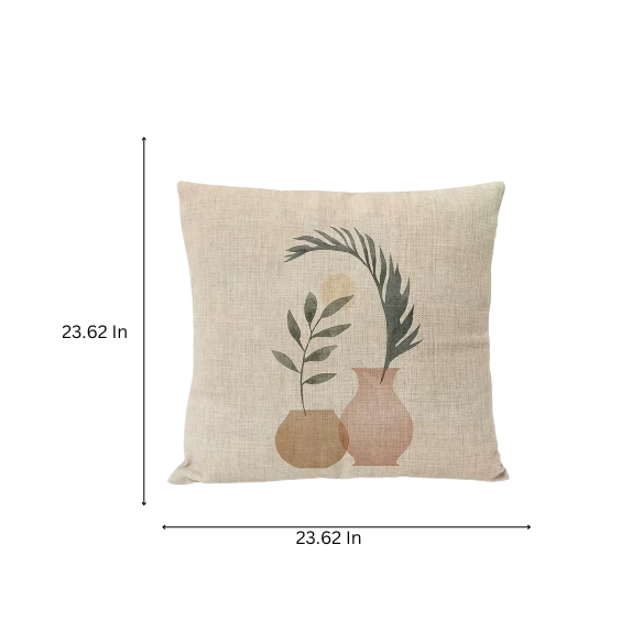 Boho Linen Throw Pillow Covers with Modern Abstract Design in Neutral Multi-Colored Shades, featuring a Flower Pot with Plant – Decorative Square Pillow Covers for Home, Office, and Bedroom.