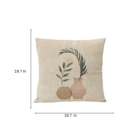Boho Linen Throw Pillow Covers with Modern Abstract Design in Neutral Multi-Colored Shades, featuring a Flower Pot with Plant – Decorative Square Pillow Covers for Home, Office, and Bedroom.