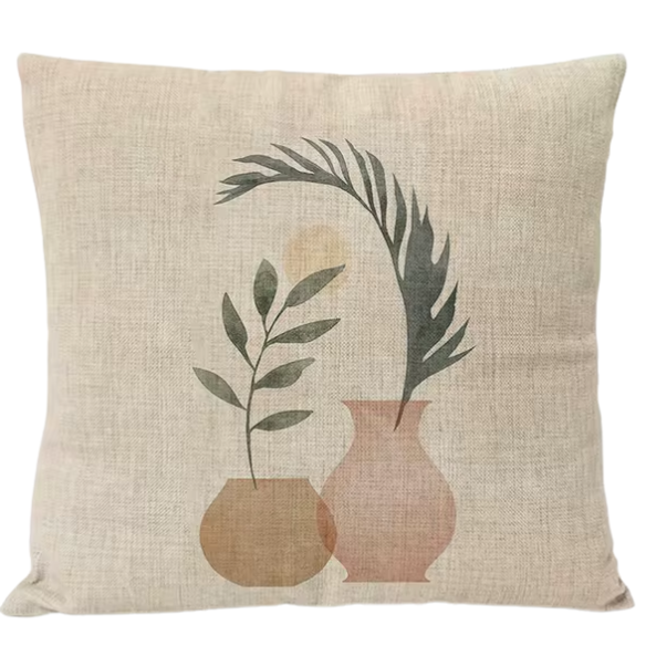 Boho Linen Throw Pillow Covers with Modern Abstract Design in Neutral Multi-Colored Shades, featuring a Flower Pot with Plant – Decorative Square Pillow Covers for Home, Office, and Bedroom.