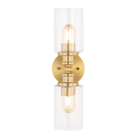 Rich brass wall sconce with dual clear seeded glass cylinder shades and Edison-style LED bulbs, perfect for upscale bathroom or hallway lighting