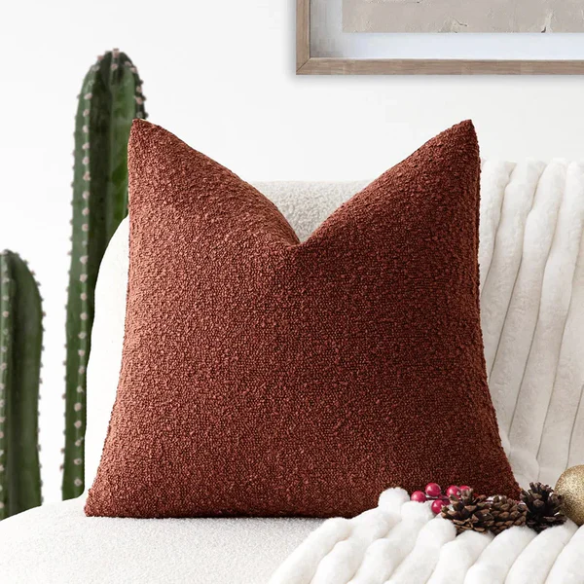 Brick red boucle throw pillow cover with soft loop texture, 18x18 inches – cozy modern accent for sofa, bed, or armchair