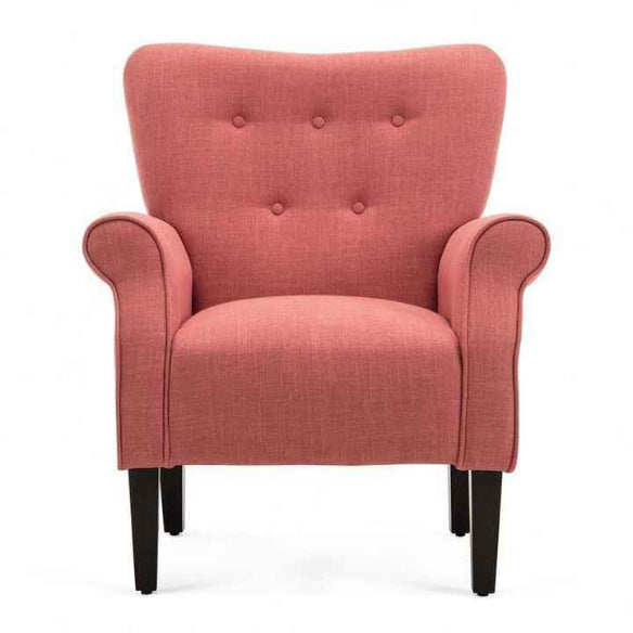 A brick red accent chair with a high backrest, gently sloped sides, and padded armrests. The chair features a solid brick red upholstery, providing a warm and elegant look. It is supported by sleek, tapered wooden legs with rubber inserts to protect floors. Perfect for relaxing, reading, or lounging, this modern yet timeless piece adds comfort and sophistication to any room in your home.