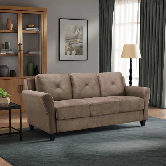 Modern 3-seater sofa upholstered in brown microfiber with tufted back cushions, flared arms, and a eucalyptus wood frame – perfect for transitional, rustic, or contemporary living rooms