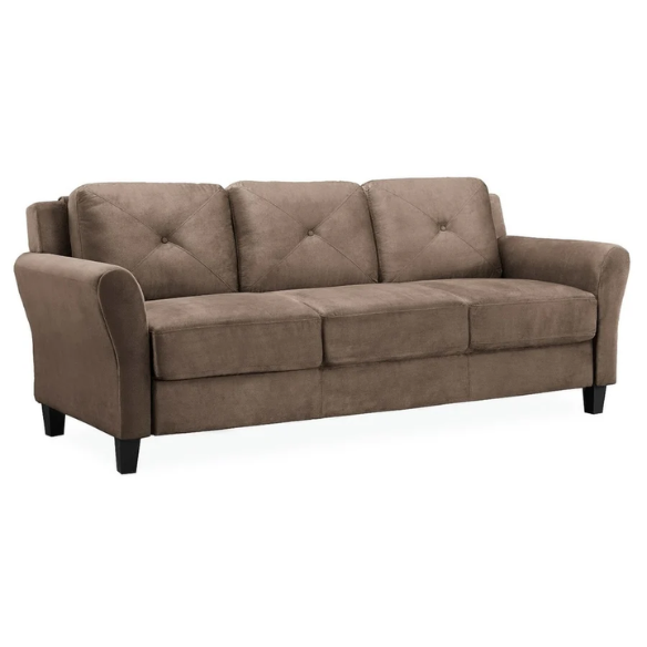 Modern 3-seater sofa upholstered in brown microfiber with tufted back cushions, flared arms, and a eucalyptus wood frame – perfect for transitional, rustic, or contemporary living rooms