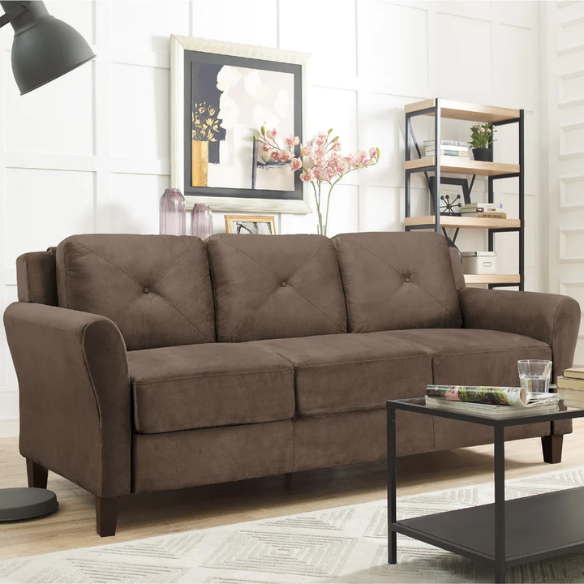 Modern 3-seater sofa upholstered in brown microfiber with tufted back cushions, flared arms, and a eucalyptus wood frame – perfect for transitional, rustic, or contemporary living rooms
