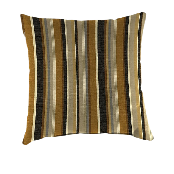 Striped accent pillow in brown, beige, and white – indoor/outdoor use, weather-resistant, reversible, and filled with plush polyester for long-lasting comfort.