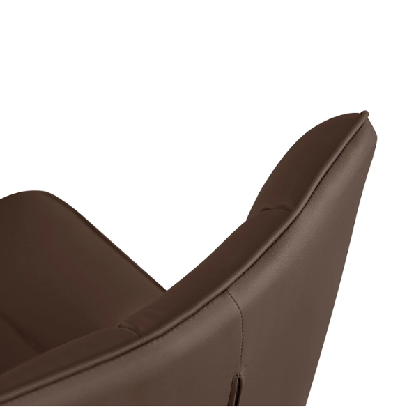 Set of two brown mid-century modern faux leather dining chairs with checkered stitching and metal legs