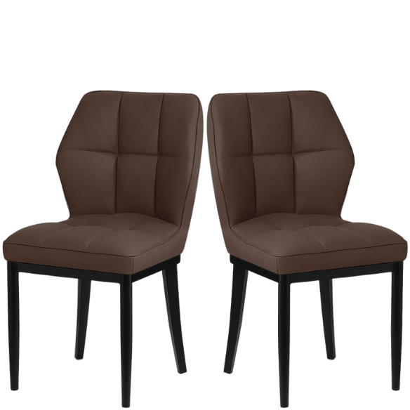 Set of two brown mid-century modern faux leather dining chairs with checkered stitching and metal legs