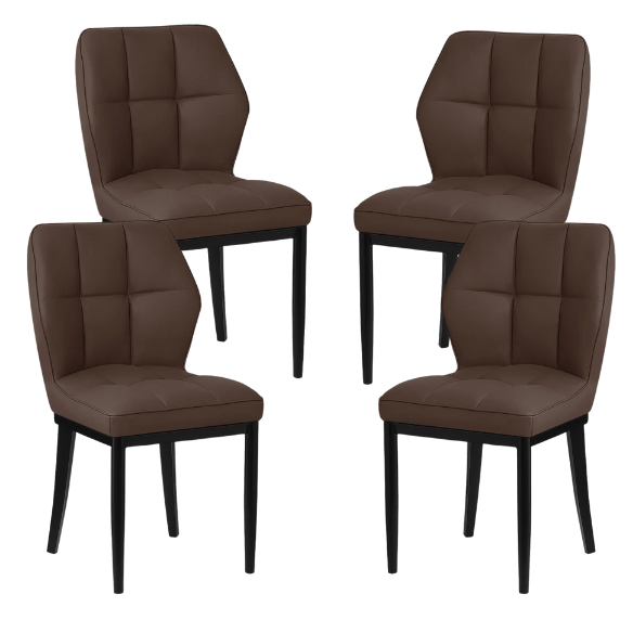 Set of two brown mid-century modern faux leather dining chairs with checkered stitching and metal legs