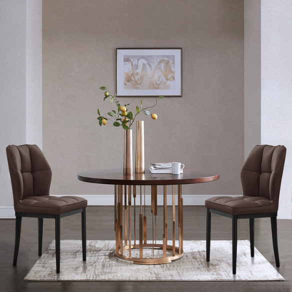 Set of two brown mid-century modern faux leather dining chairs with checkered stitching and metal legs