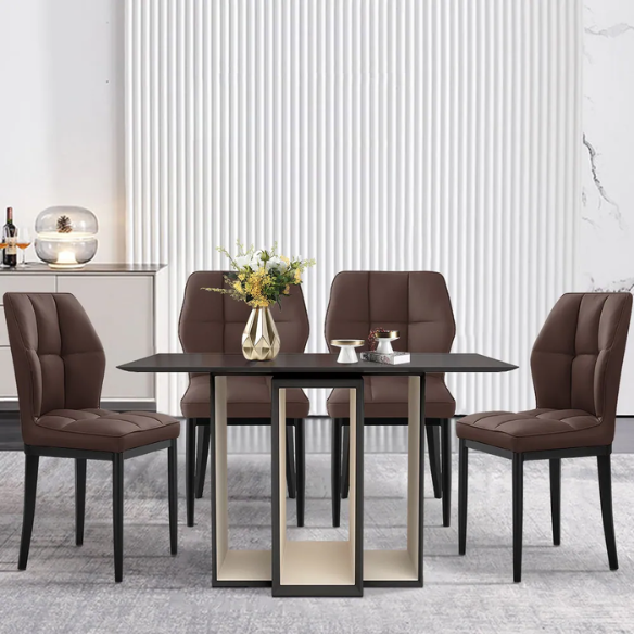 Set of two brown mid-century modern faux leather dining chairs with checkered stitching and metal legs