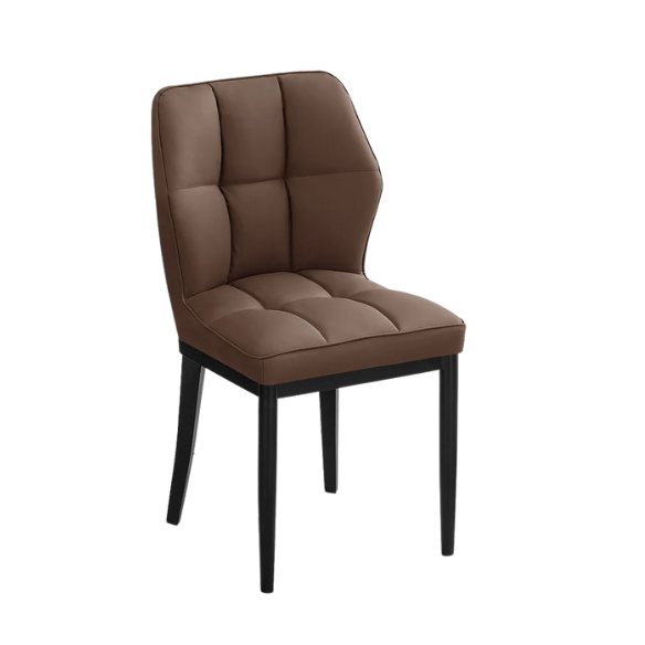 Set of two brown mid-century modern faux leather dining chairs with checkered stitching and metal legs