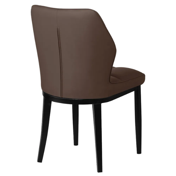 Set of two brown mid-century modern faux leather dining chairs with checkered stitching and metal legs