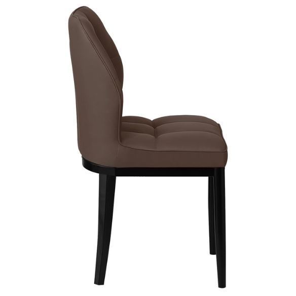 Set of two brown mid-century modern faux leather dining chairs with checkered stitching and metal legs