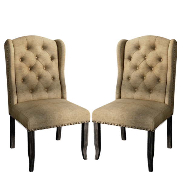 Set of two brown gold wingback dining chairs with tufted backs, nailhead trim, and espresso-finished legs, perfect for farmhouse or traditional dining spaces.
