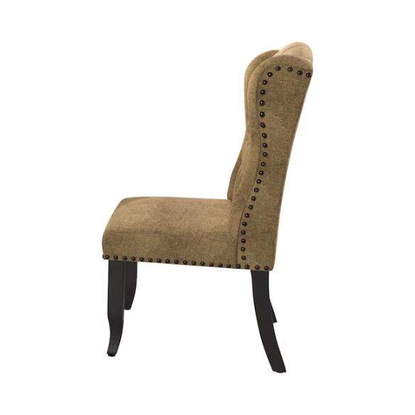 Set of two brown gold wingback dining chairs with tufted backs, nailhead trim, and espresso-finished legs, perfect for farmhouse or traditional dining spaces.