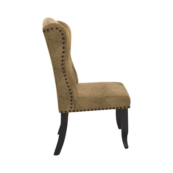 Set of two brown gold wingback dining chairs with tufted backs, nailhead trim, and espresso-finished legs, perfect for farmhouse or traditional dining spaces.