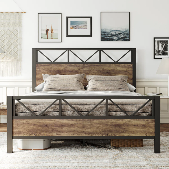 Brown industrial king-size platform bed with a metal frame, wooden panel headboard and footboard, and no box spring required