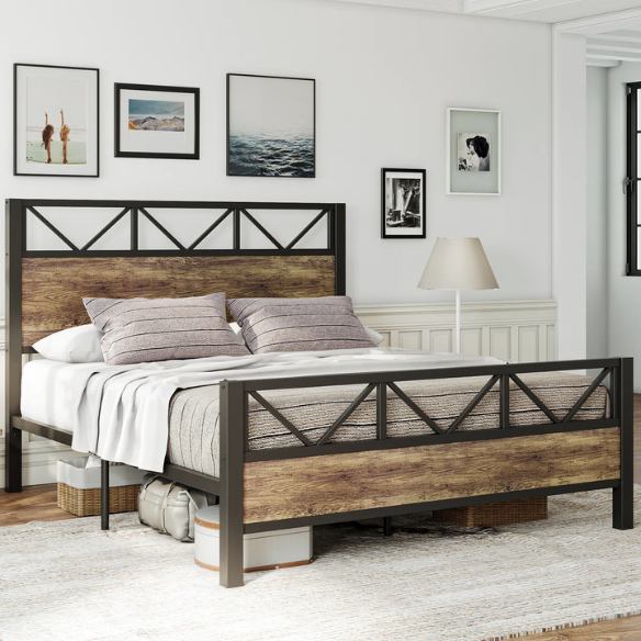 Brown industrial king-size platform bed with a metal frame, wooden panel headboard and footboard, and no box spring required