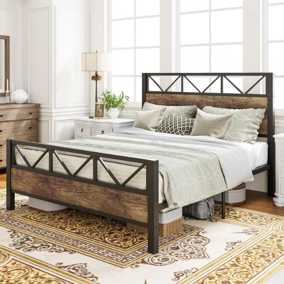 Brown industrial king-size platform bed with a metal frame, wooden panel headboard and footboard, and no box spring required