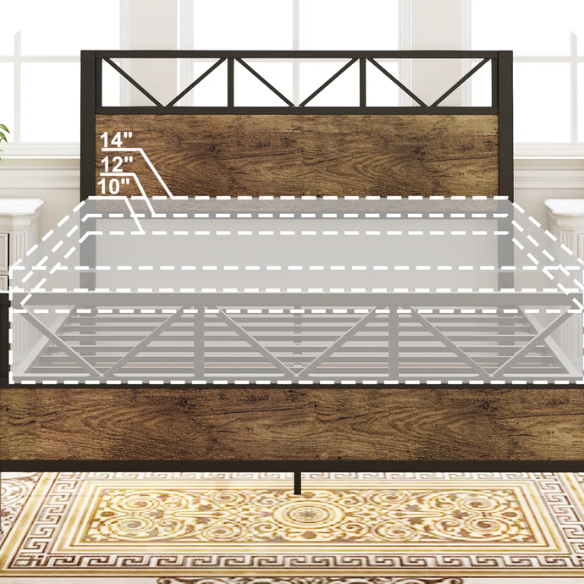 Brown industrial king-size platform bed with a metal frame, wooden panel headboard and footboard, and no box spring required