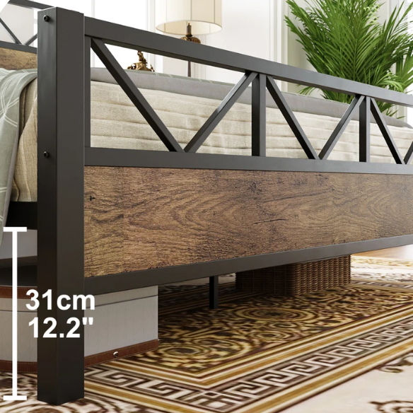 Brown industrial king-size platform bed with a metal frame, wooden panel headboard and footboard, and no box spring required