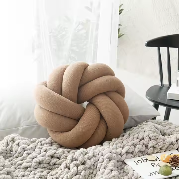 Brown handmade cotton knot throw pillow, round design, 30 cm diameter – soft plush decorative cushion for sofa, bed, chair, or car