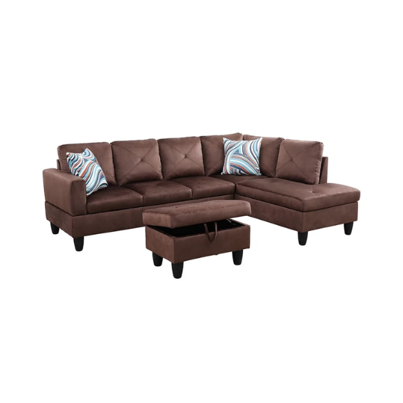 Brown L-shaped sectional sofa with right-facing chaise and ottoman, microfiber upholstery and light gray wooden legs
