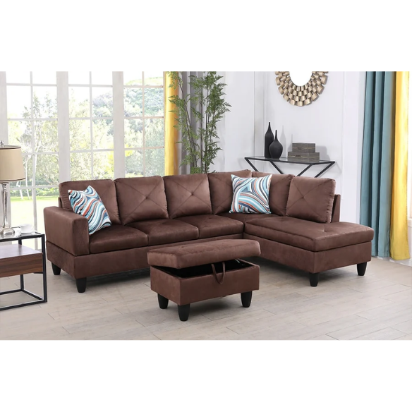 Brown L-shaped sectional sofa with right-facing chaise and ottoman, microfiber upholstery and light gray wooden legs