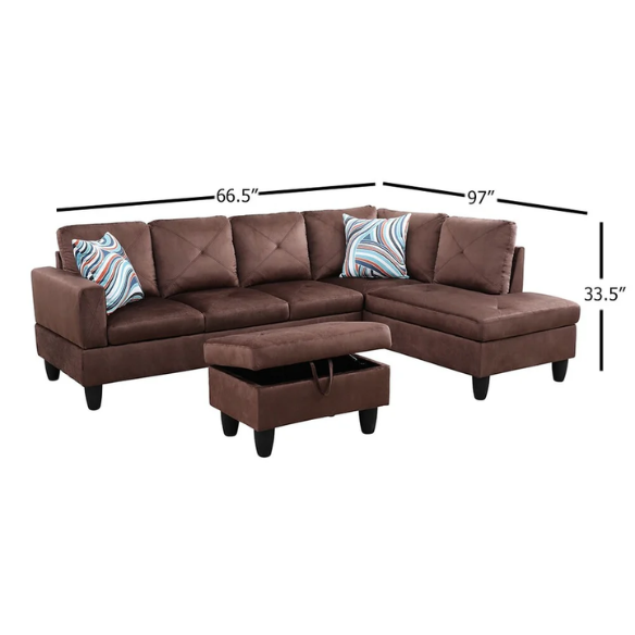 Brown L-shaped sectional sofa with right-facing chaise and ottoman, microfiber upholstery and light gray wooden legs