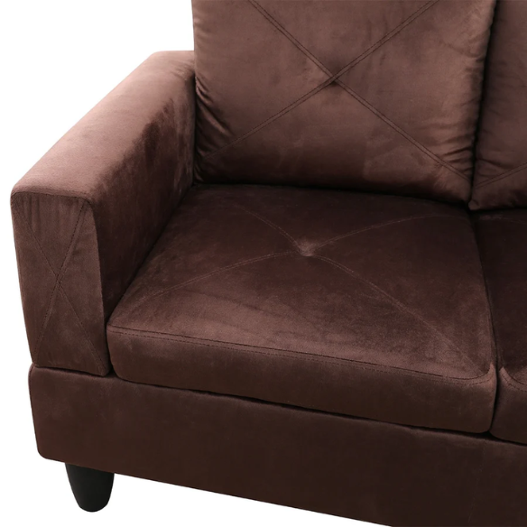 Brown L-shaped sectional sofa with right-facing chaise and ottoman, microfiber upholstery and light gray wooden legs