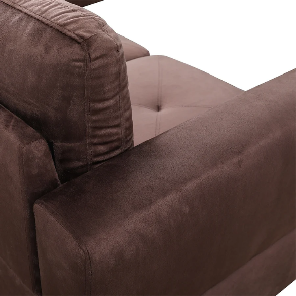 Brown L-shaped sectional sofa with right-facing chaise and ottoman, microfiber upholstery and light gray wooden legs