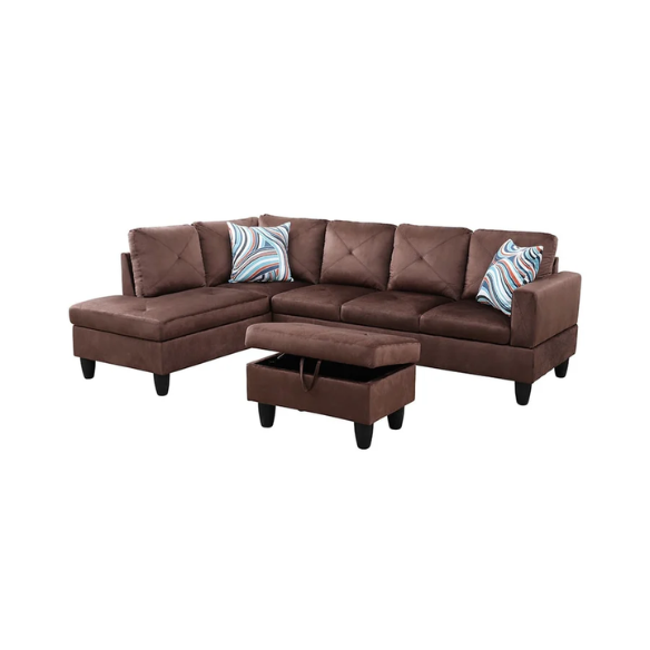 Brown L-shaped sectional sofa with right-facing chaise and ottoman, microfiber upholstery and light gray wooden legs