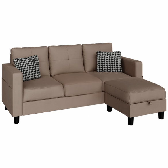 Modern brown L-shaped sectional sofa with hidden storage ottoman, stain-resistant upholstery, and square arms, ideal for small living rooms.