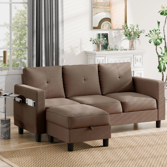 Modern brown L-shaped sectional sofa with hidden storage ottoman, stain-resistant upholstery, and square arms, ideal for small living rooms.