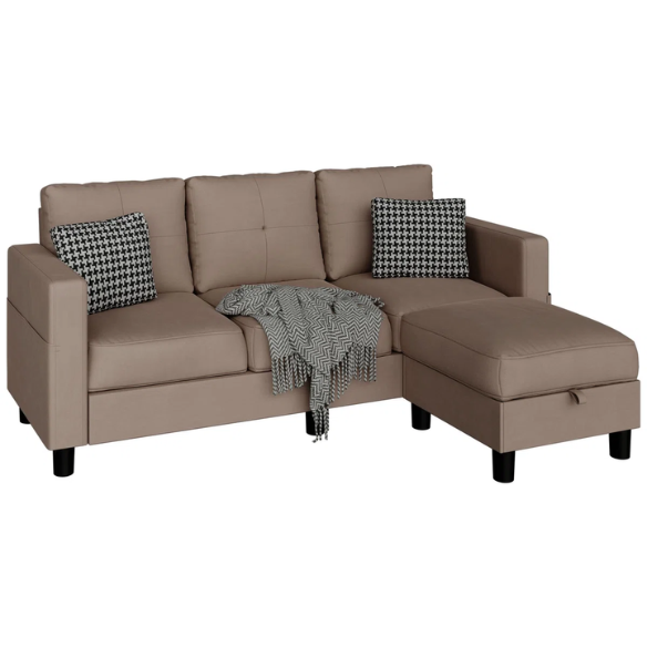 Modern brown L-shaped sectional sofa with hidden storage ottoman, stain-resistant upholstery, and square arms, ideal for small living rooms.