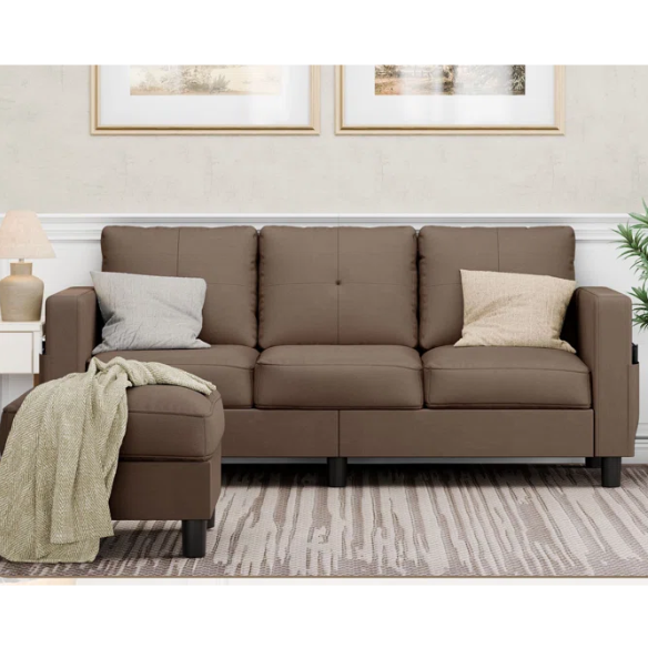 Modern brown L-shaped sectional sofa with hidden storage ottoman, stain-resistant upholstery, and square arms, ideal for small living rooms.