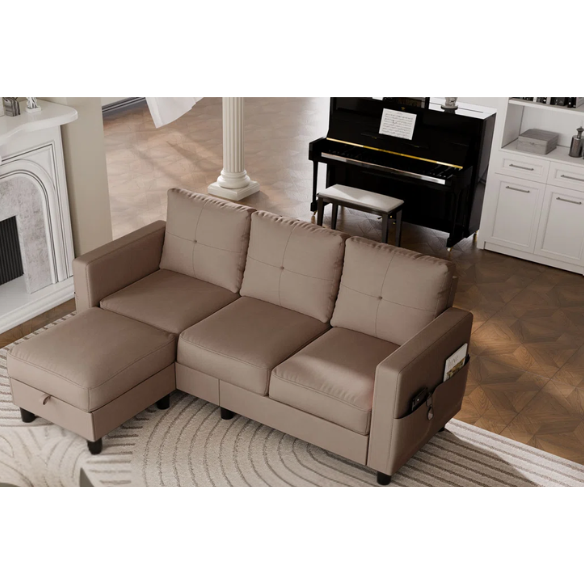 Modern brown L-shaped sectional sofa with hidden storage ottoman, stain-resistant upholstery, and square arms, ideal for small living rooms.
